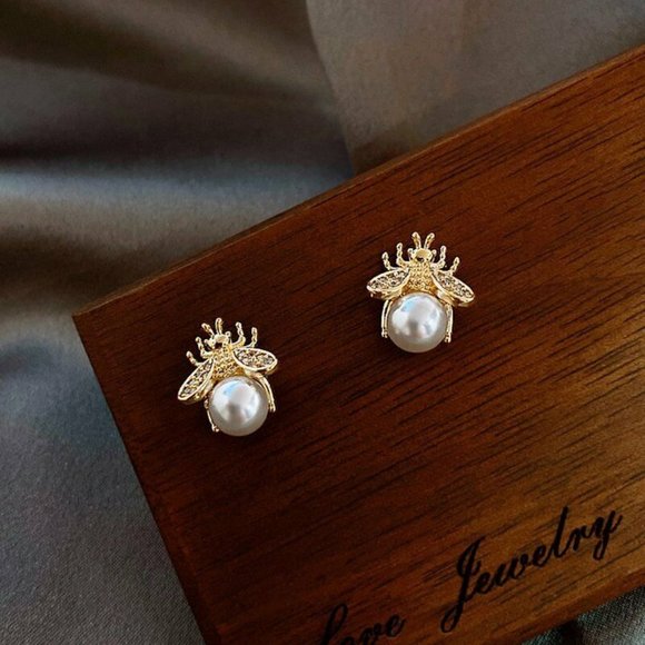 Sterling Silver Dainty Gold Bee Pearl Earrings - Picture 6 of 6